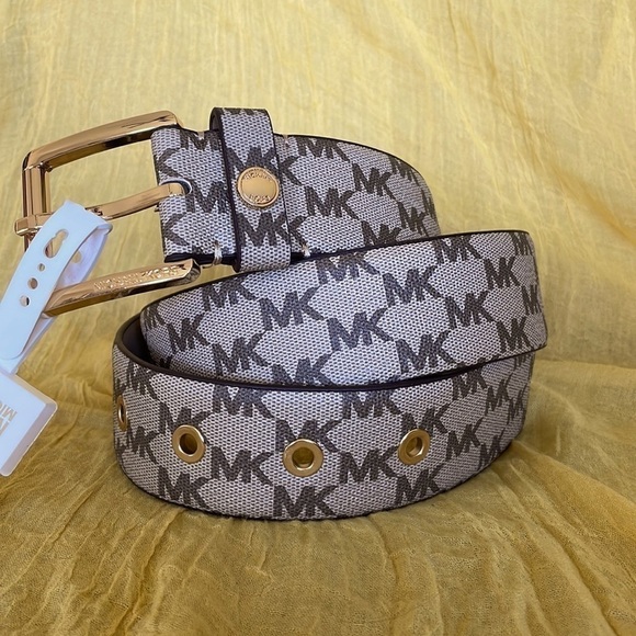 Brand New Michael Kors Tan & Brown Logo Belt w/ Gold Tone Buckle, Accent & Holes